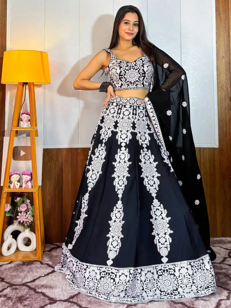 Black thread embroidery georgette lehenga choli