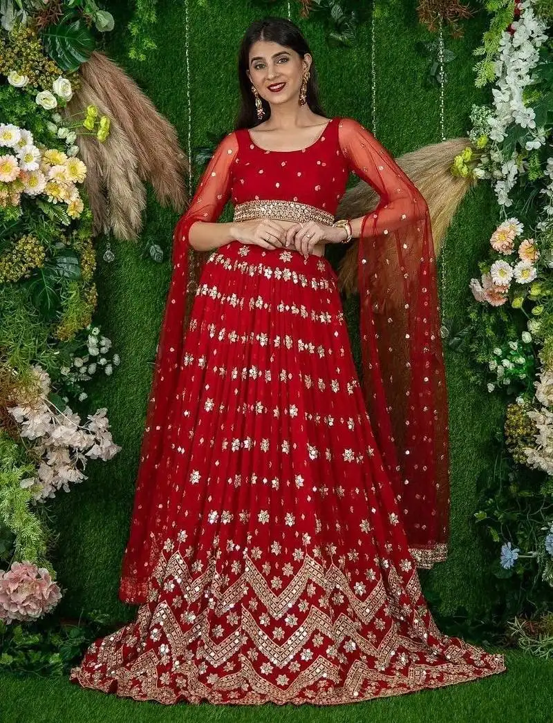 Alluring red sequins georgette lehenga choli with attached dupatta