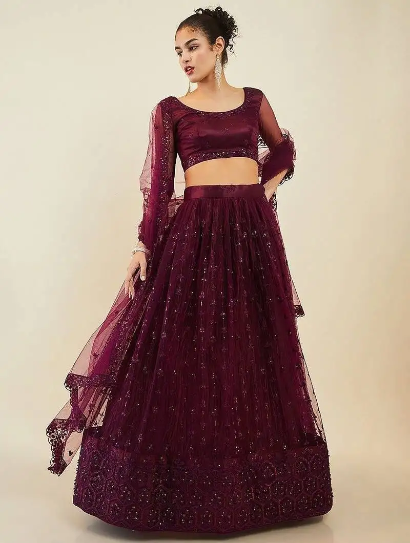 Stunning purple sequins net reception wear lehenga choli with dupatta