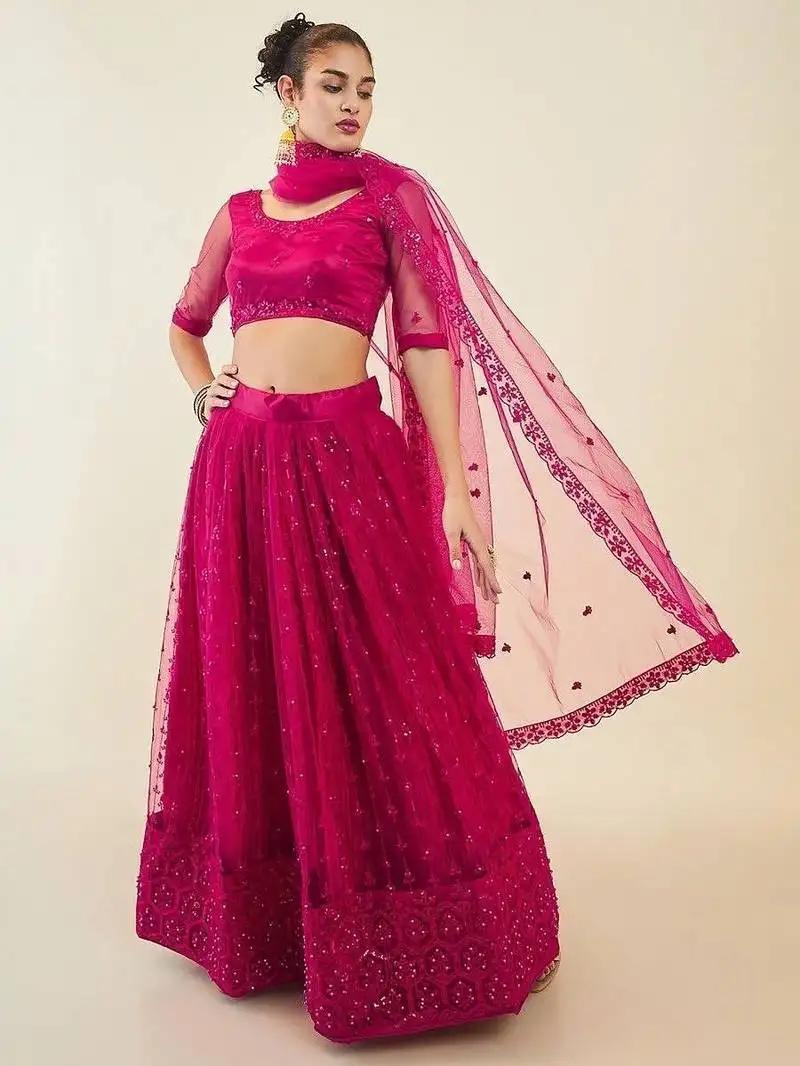 Gorgeous pink sequins net party wear lehenga choli with dupatta