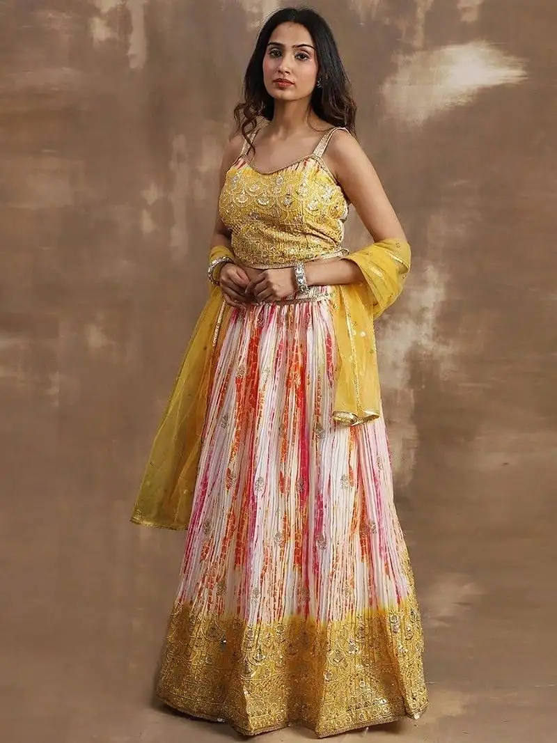 Alluring white & yellow sequins chinon haldi wear lehenga choli