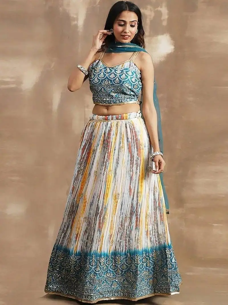 Glamorous white & blue sequins chinon sangeet wear lehenga choli