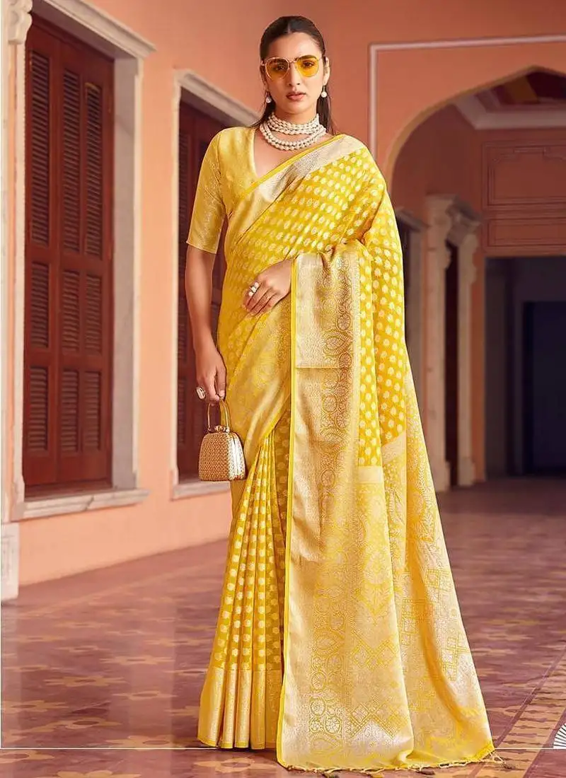 Yellow weaving georgette party contemporary saree