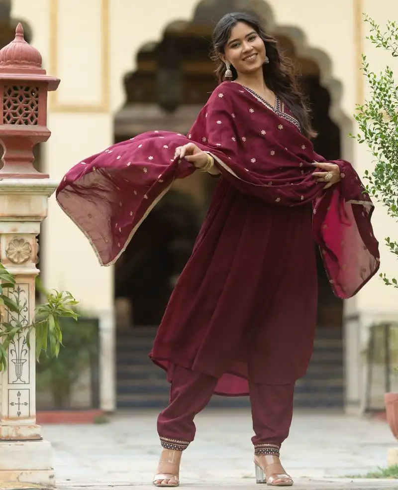 Purple colored party wear embroidered stitched vichitra silk pant style kurti suit with duppatta