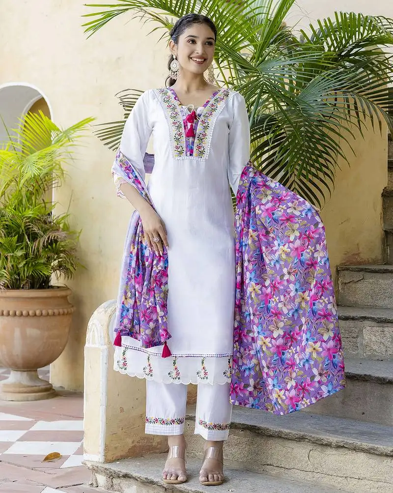 White colored party wear embroidered stitched chanderi pant style kurti suit with duppatta