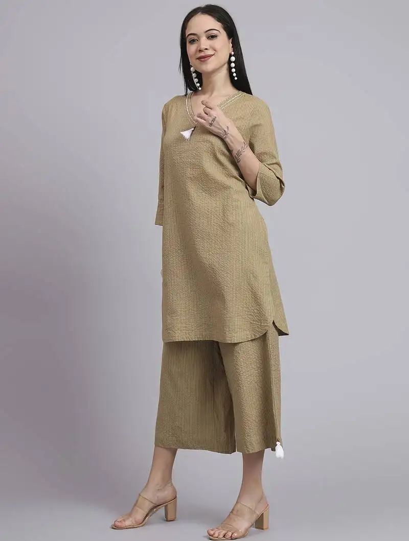 Women khaki cotton khatha & hand work co-ord set (set of 2)