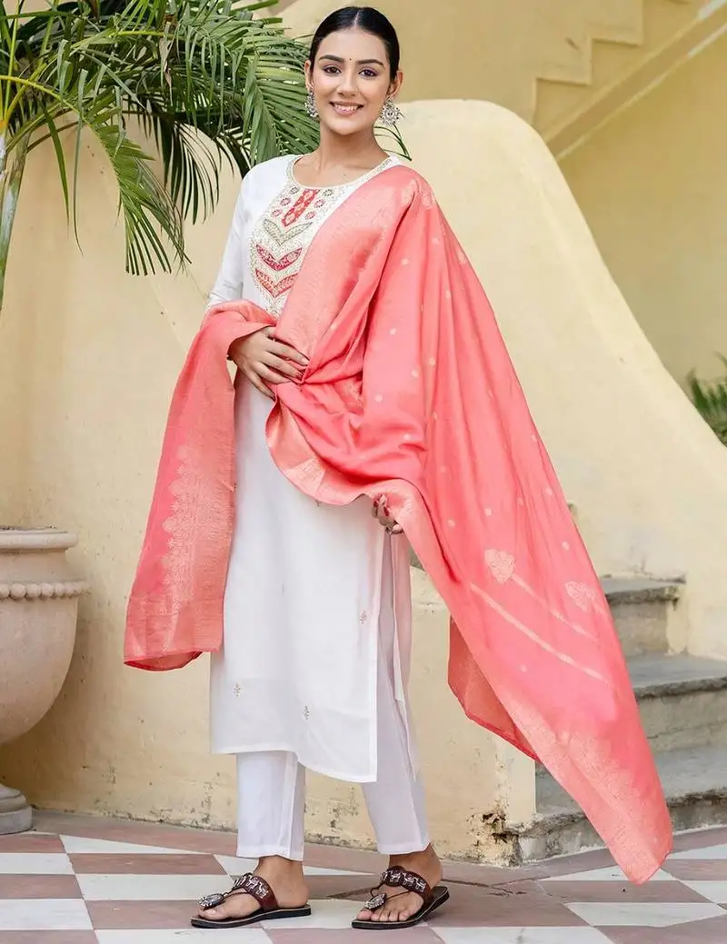 White colored party wear embroidered stitched viscose pant style kurti suit with duppatta