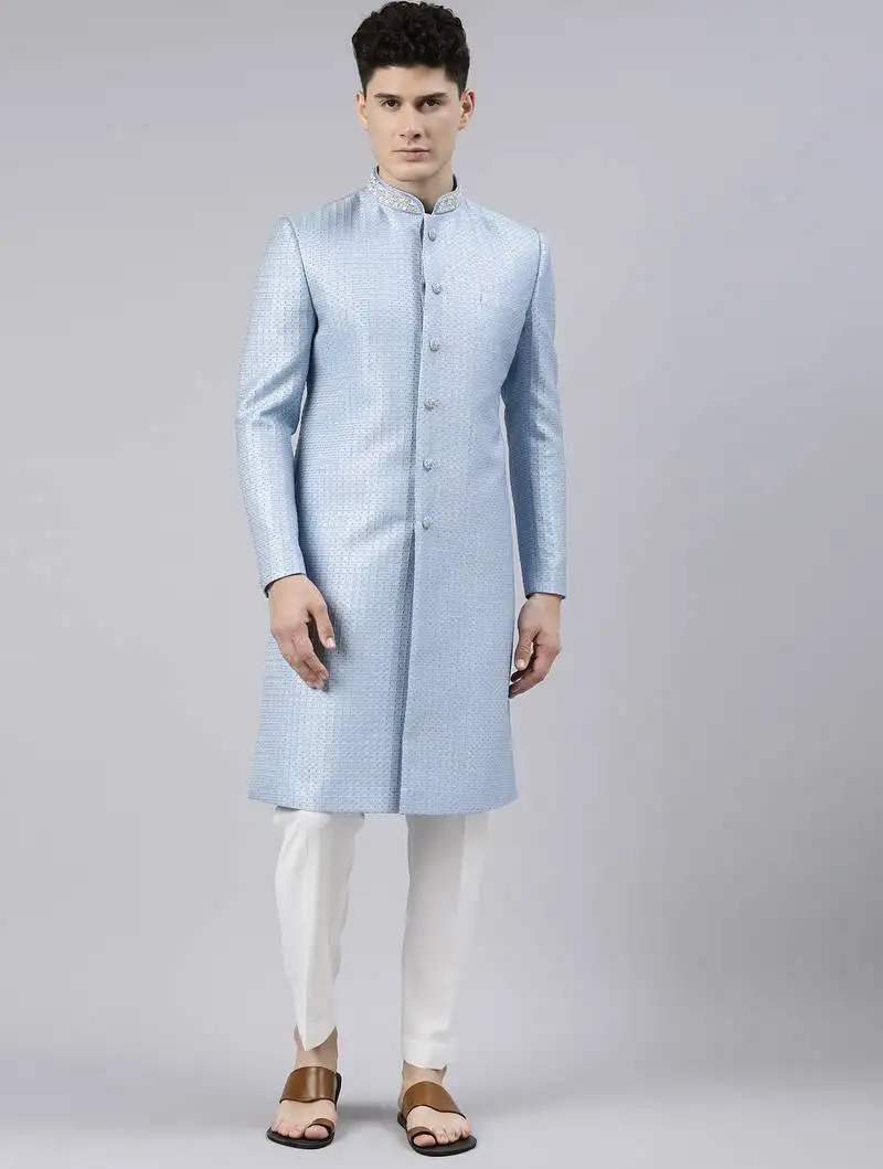 Powder blue jacquard achkan