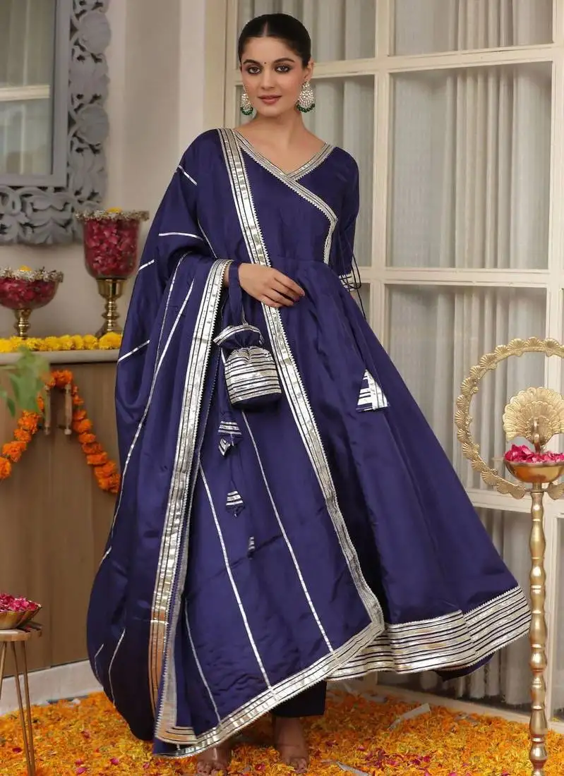 Blue plain chanderi silk anarkali