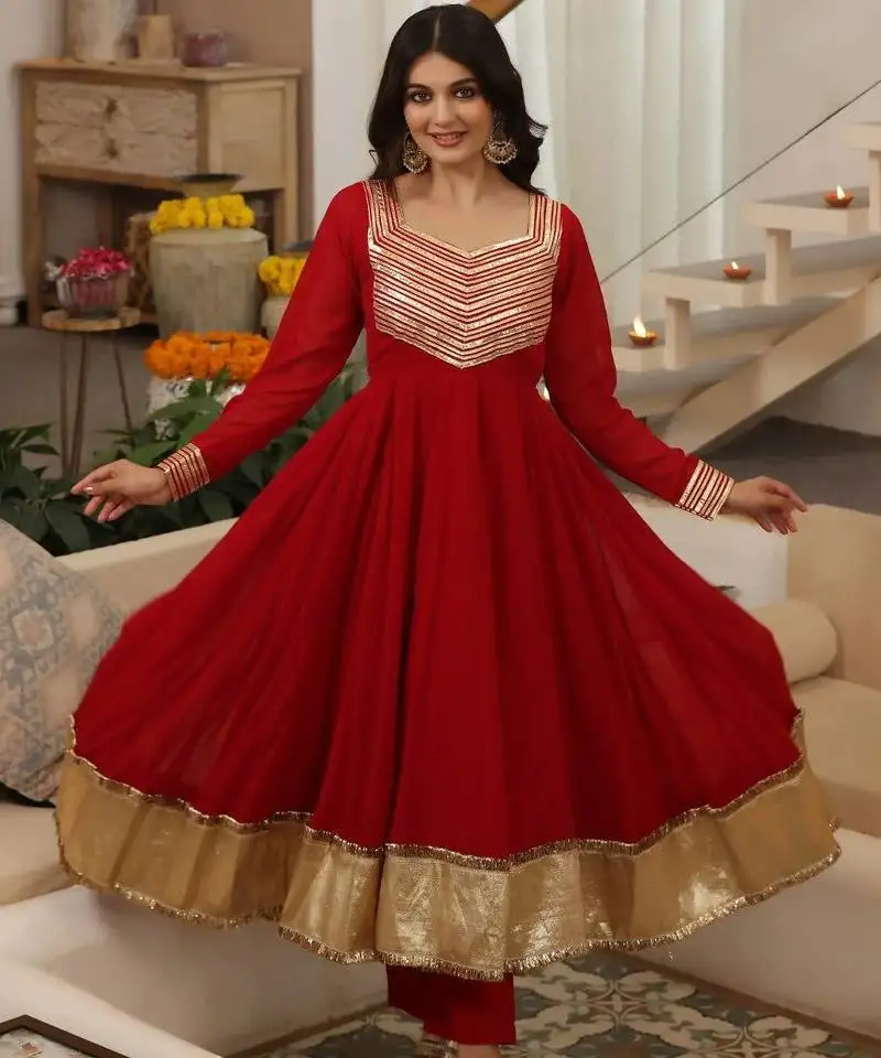 Red embroidered georgette anarkali