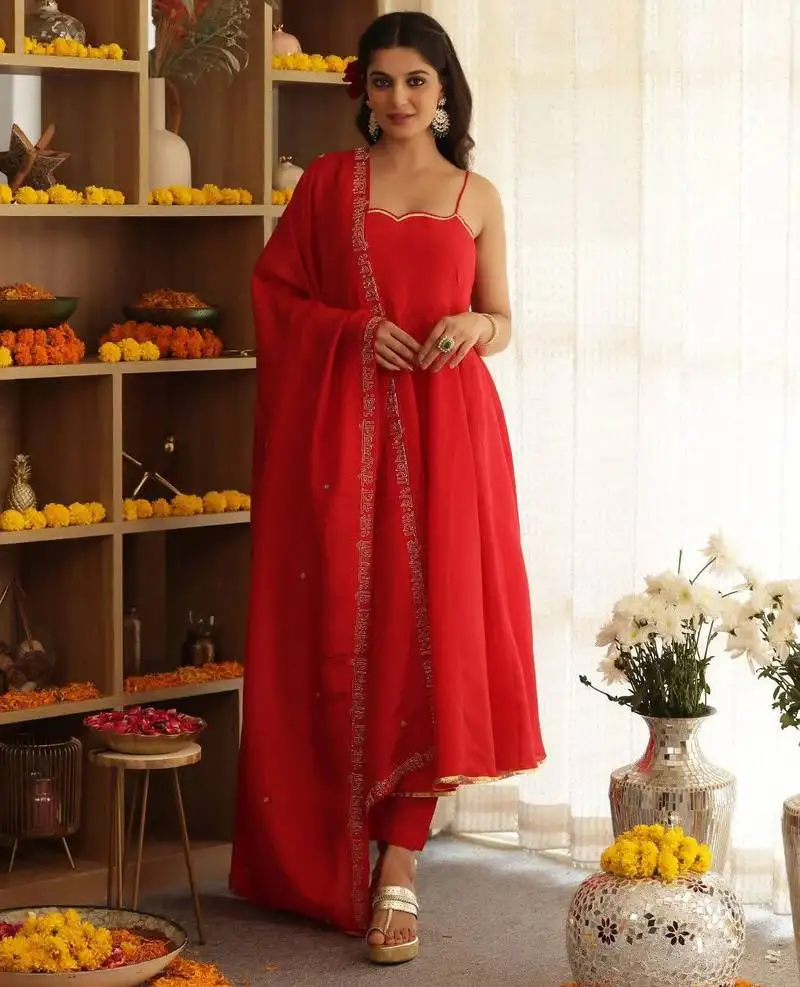 Red plain cotton anarkali