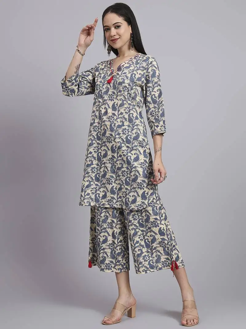 Women blue cotton printed & hand work co-ord set (set of 2)