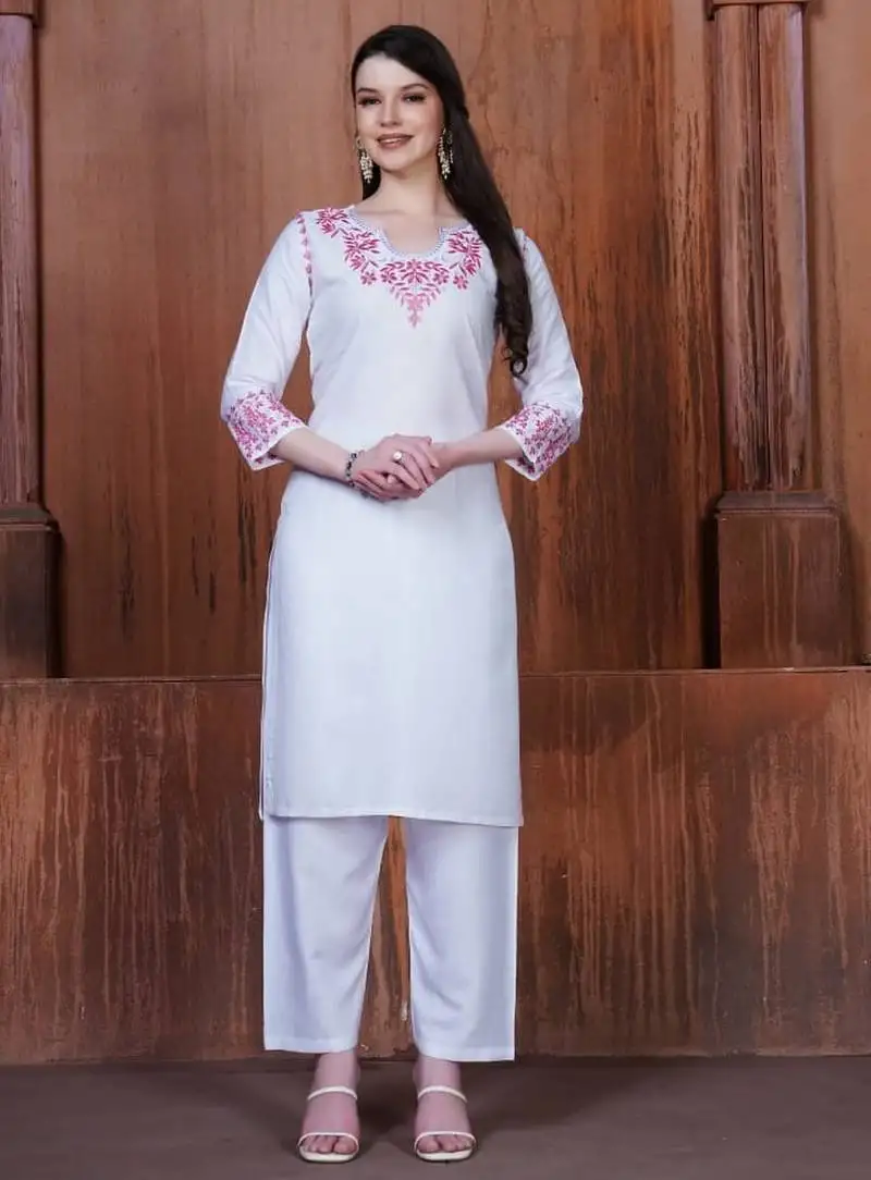 White color rayon fabric graceful ceremonial kurta set