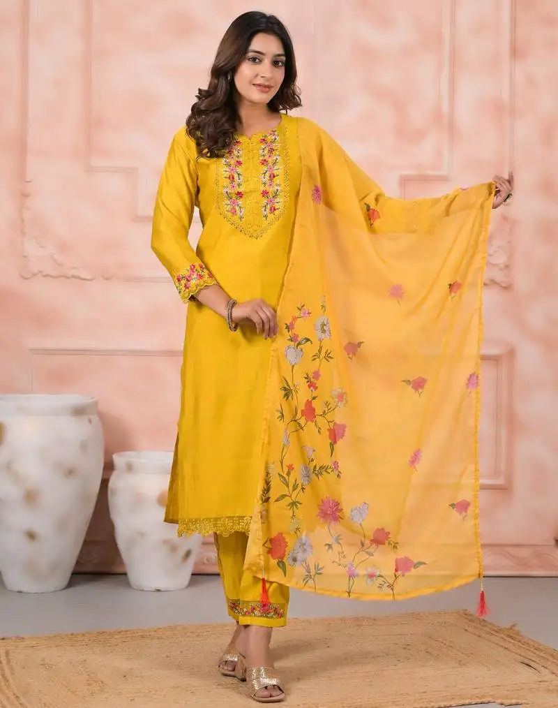 Yellow color silk fabric designer embroidery work ceremonial kurta set with dupatta