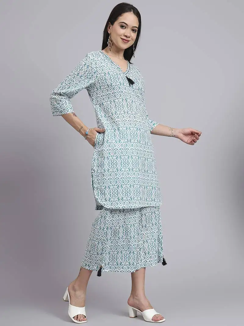 Women green cotton printed & hand work co-ord set (set of 2)