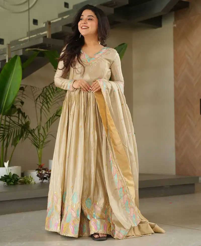 Chiku color ceremonial gown with dupatta on chinon fabric