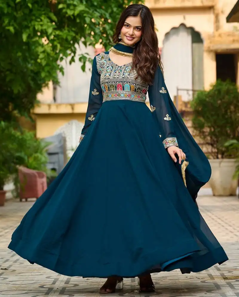Teal blue color faux georgette fabric ethnic and ceremonial partywear gown with dupatta