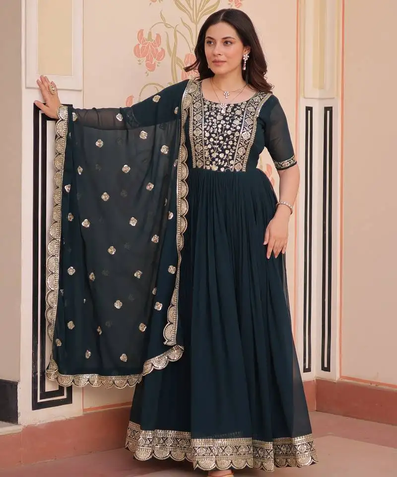 Teal blue color faux georgette fabric ceremonial girlie partywear gown with dupatta