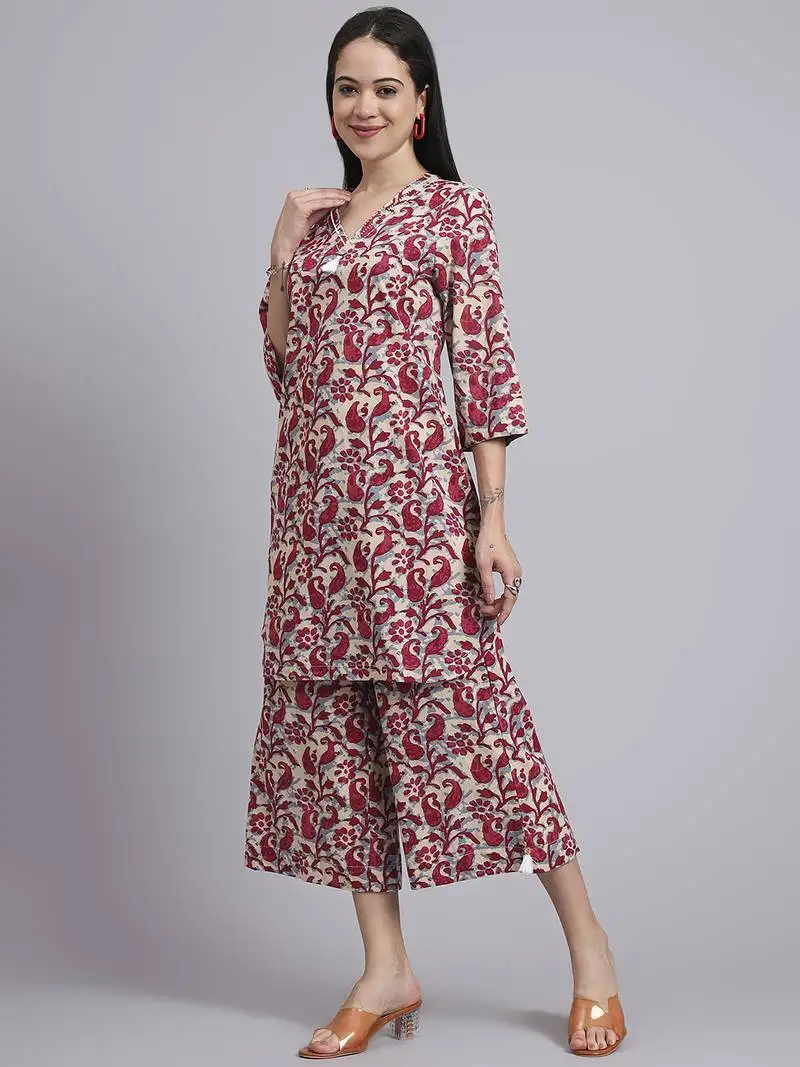 Women red cotton printed & hand work co-ord set (set of 2)