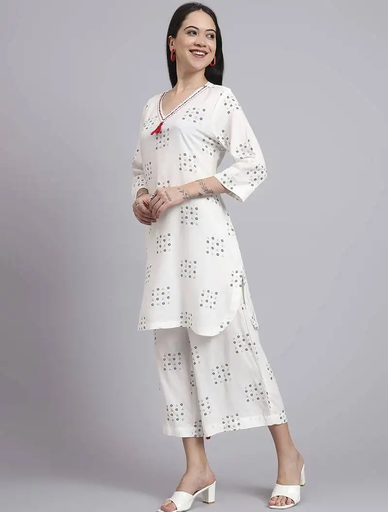 Women cream rayon printed & hand work co-ord set (set of 2)