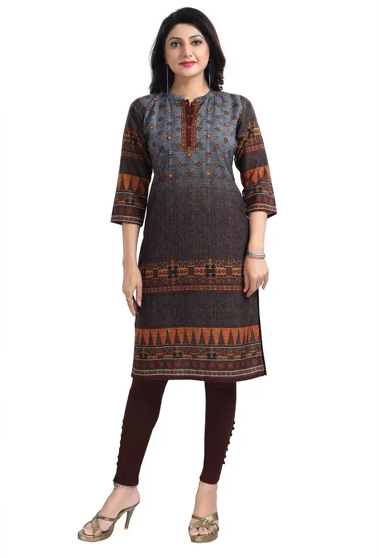 Grey color cotton slub fabric designer digital printed formal kurta