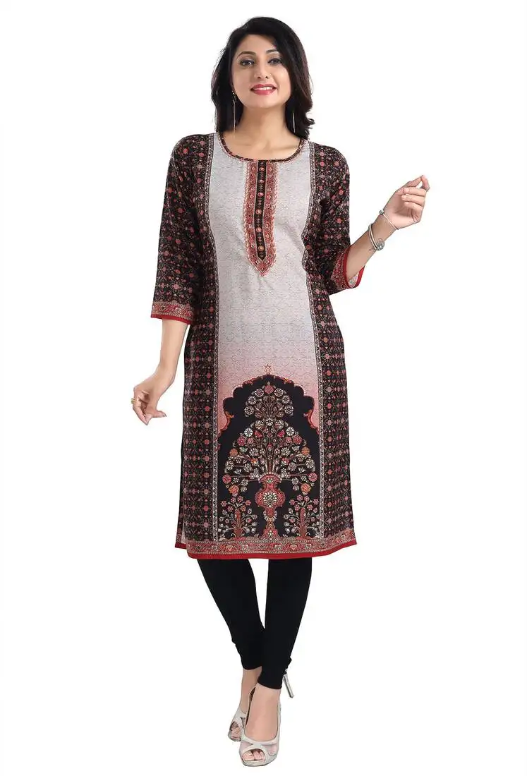 Black color cotton slub fabric designer digital printed formal kurta