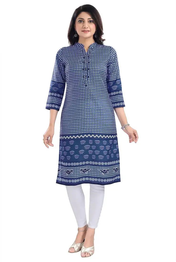 Blue color cotton slub fabric designer digital printed formal kurta