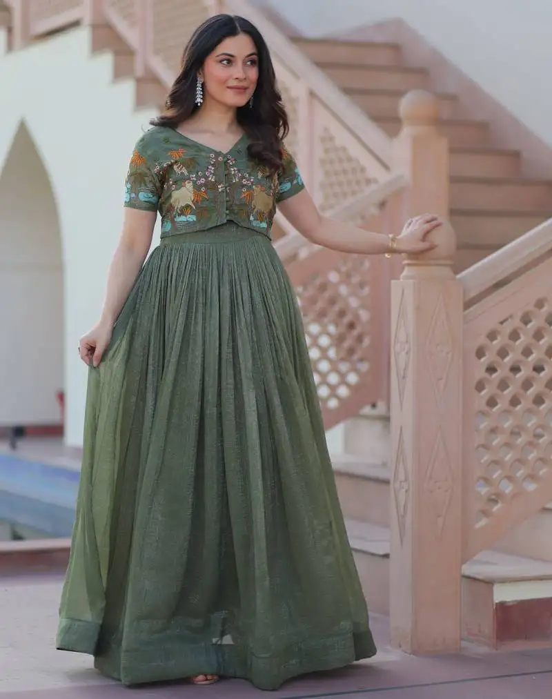 Green color silver crunchy fabric designer embroidered gown with koti