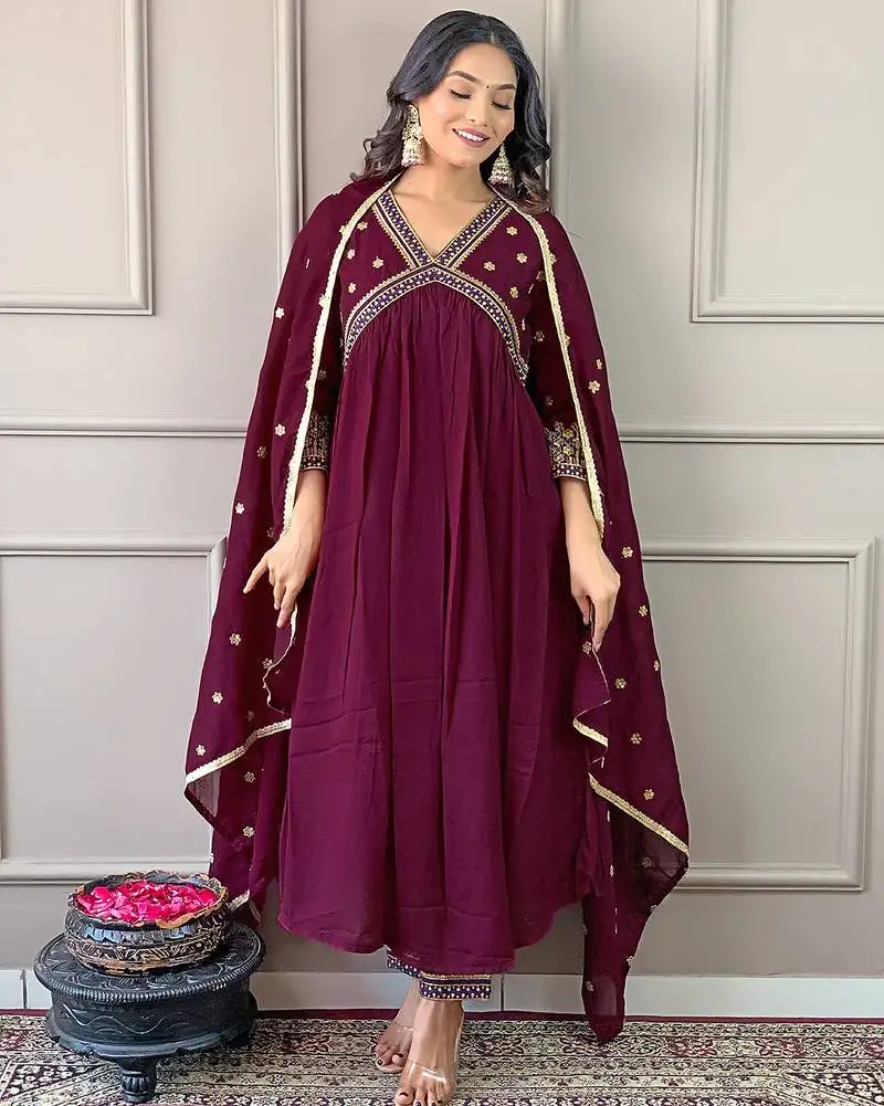 Wine color vichitra silk fabric ceremonial wear embroidery work kurta set