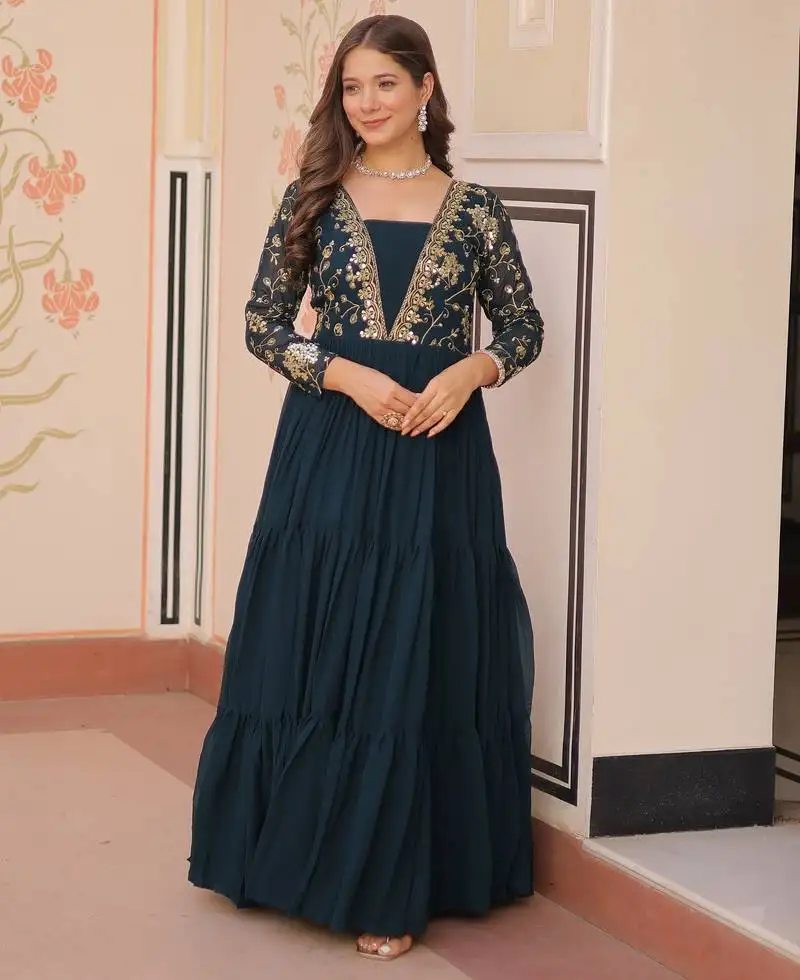 Teal color faux georgette designer embroidery work wedding reception wear gown for girls