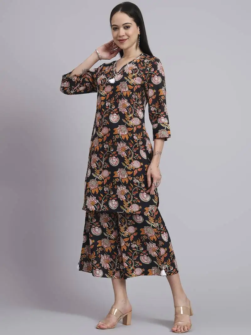 Women black cotton printed & hand work co-ord set (set of 2)