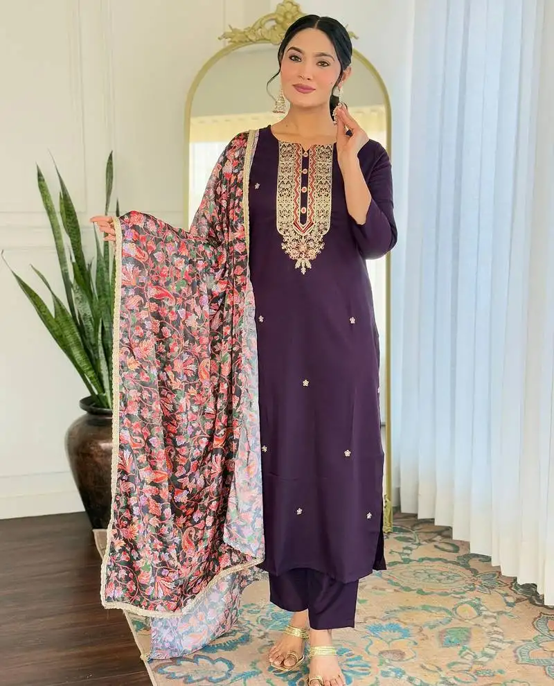 Wine color rayon fabric beautiful festive wear readymade kurta set