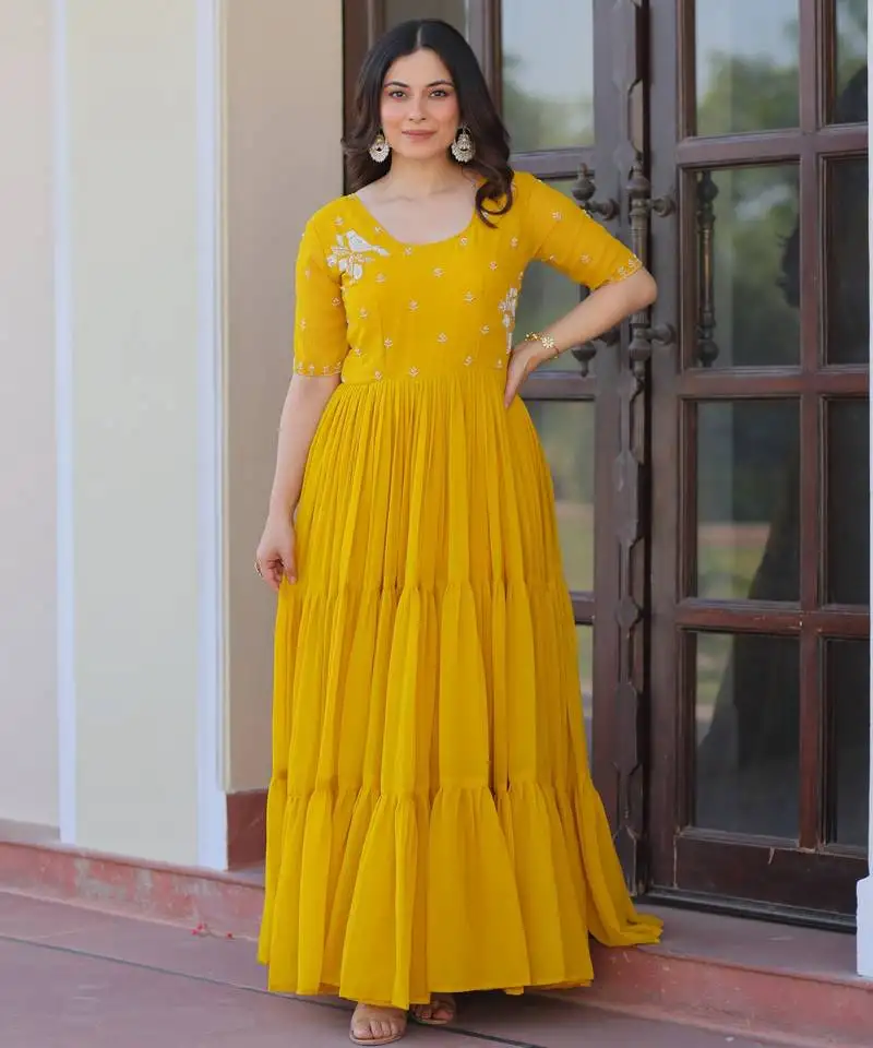 Yellow color faux georgette beads embroidery work ethnic and designer ceremonial wear gown