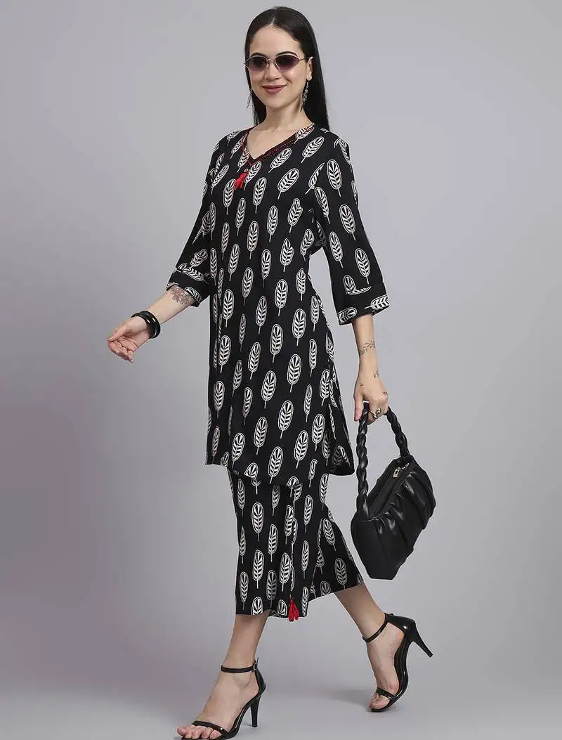 Women black rayon printed & hand work co-ord set (set of 2)