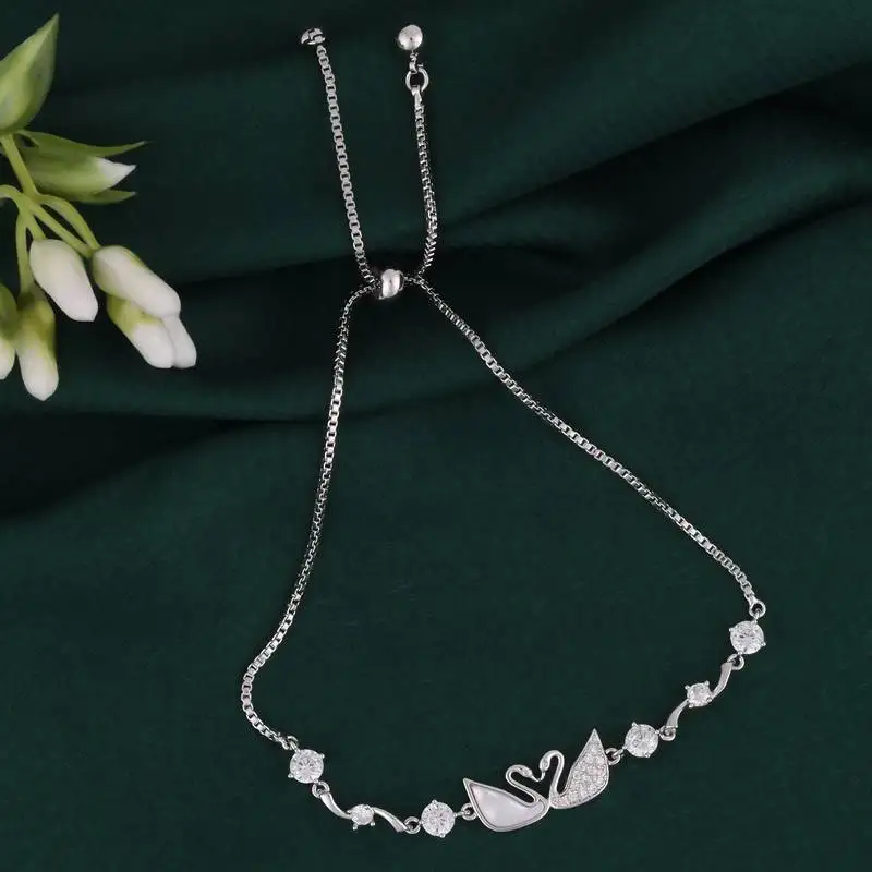 Lovely swan design silver plated free size charm bracelet for women