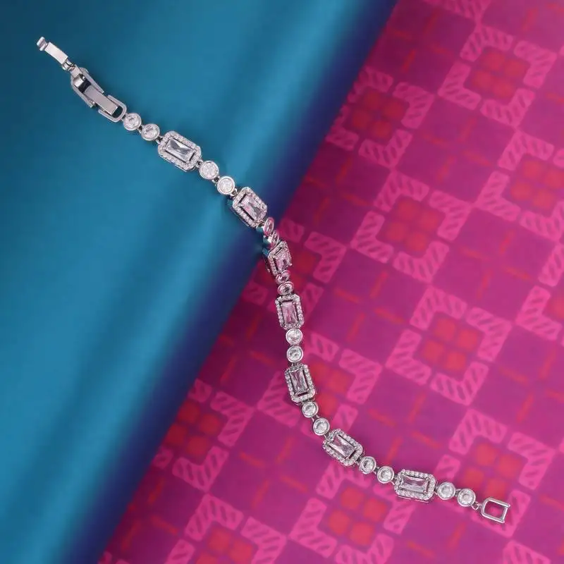 Modern round and square shape silver plated free size charm bracelet for women