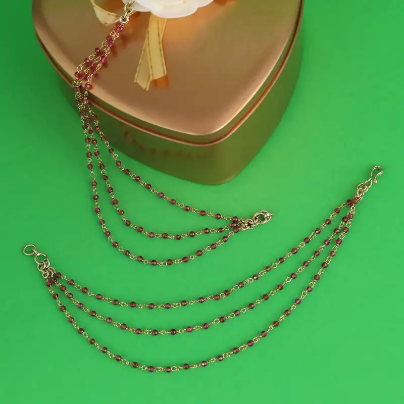 Lovely 3 string long chain red bead gold plated set of 2 ear-chain(kaanchain) for women