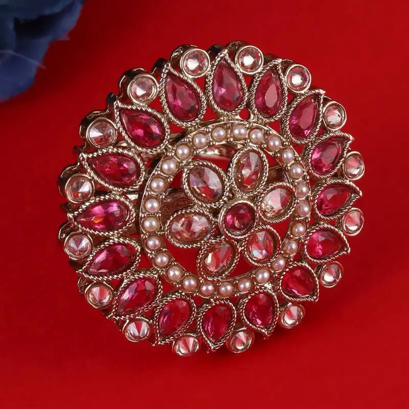 Royal flower and oval shape gold plated adjustable finger ring for women