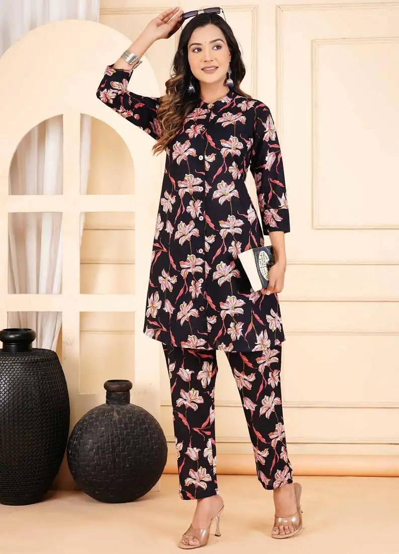 Women black cotton printed & hand work straight kurta bottom set