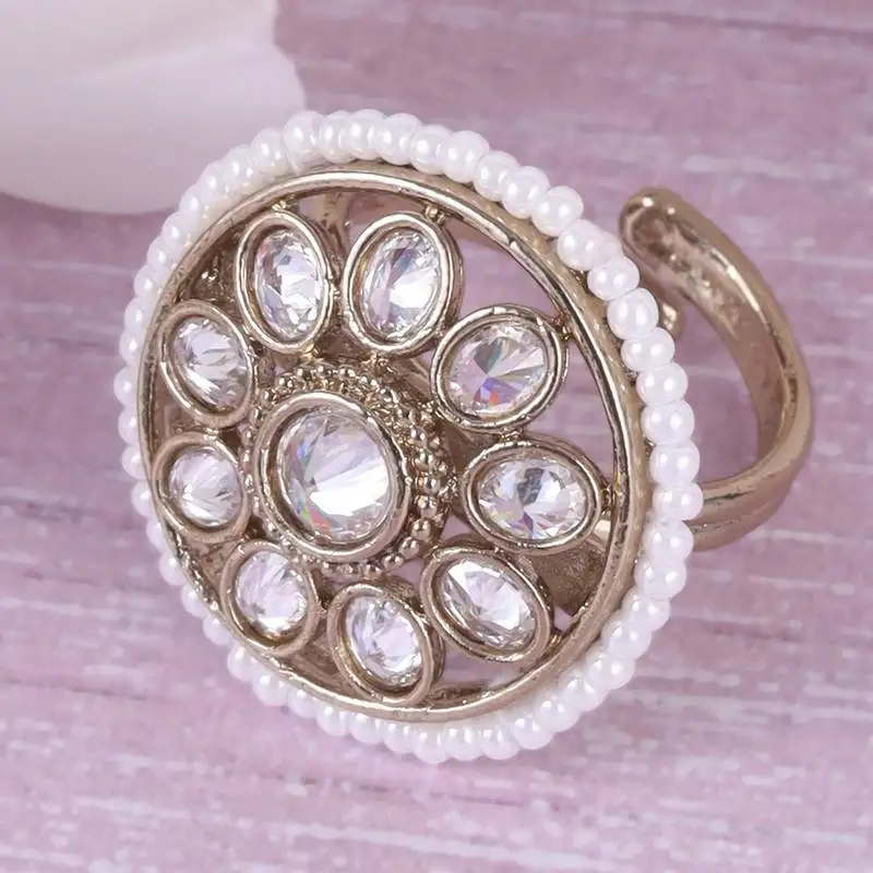 Smooth round shape and pearl gold plated adjustable finger ring for women