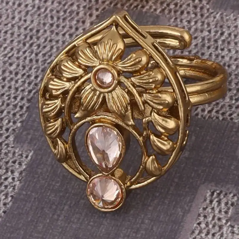 Superb flower and oval shape gold plated adjustable finger ring for women