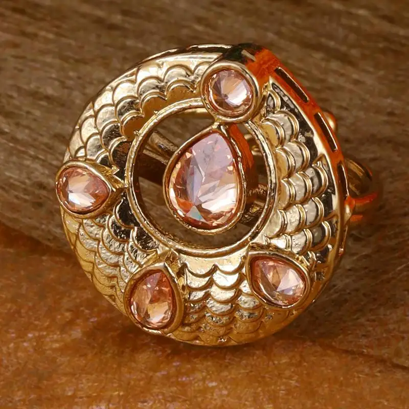 Luxurious round and oval shape gold plated adjustable finger ring for women