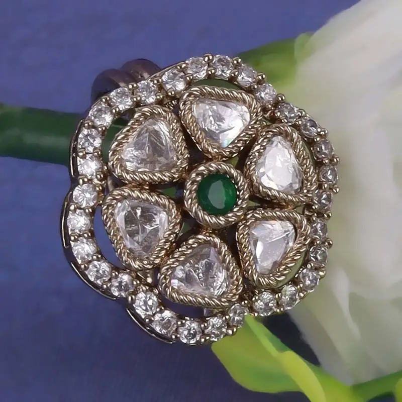 Pleasing round and trangle shape gold plated adjustable finger ring for women