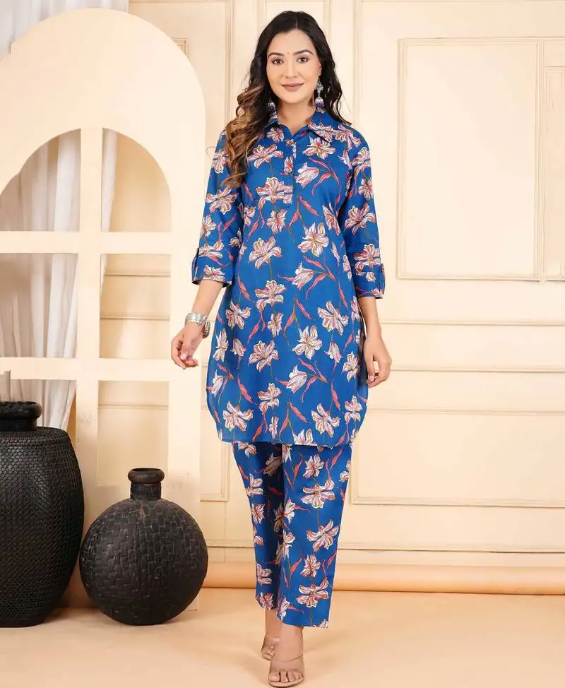 Women blue cotton printed & hand work straight kurta bottom set