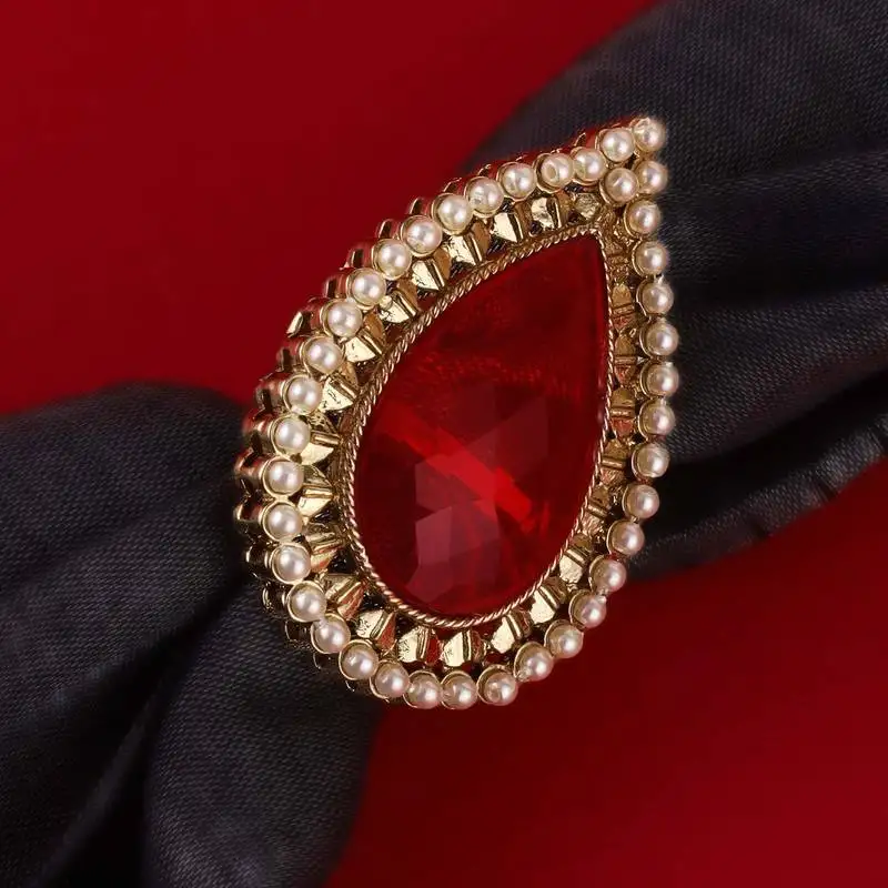 Inspired oval shape center red stone gold plated adjustable finger ring for women