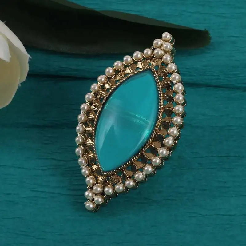 Lovely oval shape center sky blue stone gold plated adjustable finger ring for women