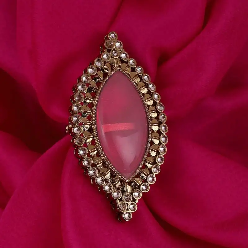 Lavish oval shape center pink stone gold plated adjustable finger ring for women