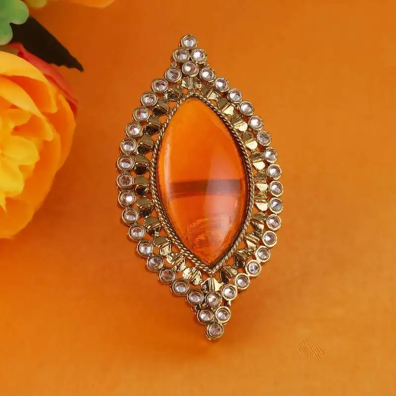 Glamorous oval shape center orange stone gold plated adjustable finger ring for women