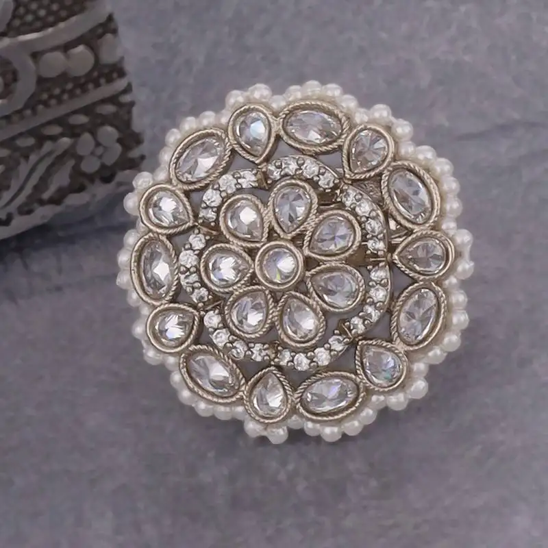 Graceful round and oval shape gold plated adjustable finger ring for women