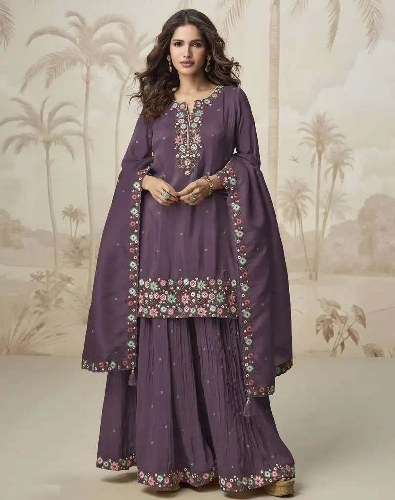 Wine color roman simar fabric heavy embroidered palazzo dress stitched